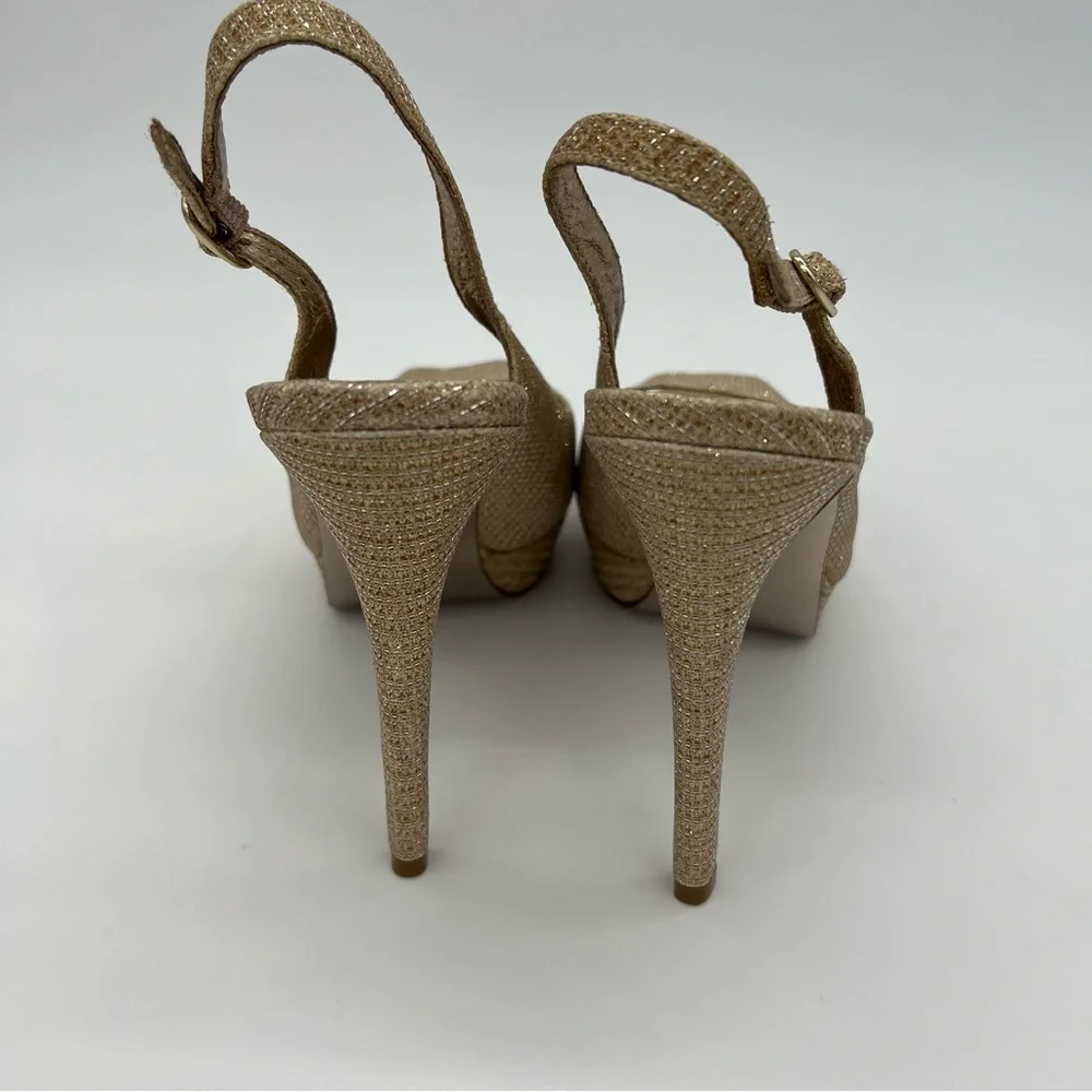 Adrianna Papell Gold Glitter Slingback Platform Heels – Peep Toe High Heel Pumps